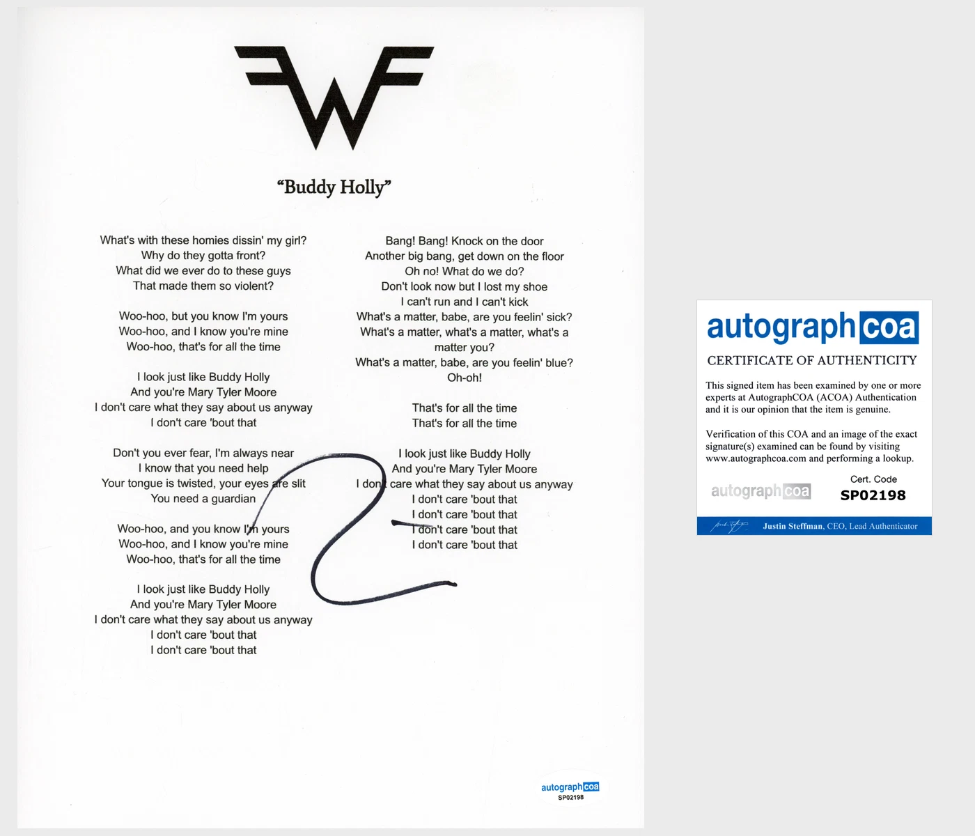 Rivers Cuomo ‘Weezer’ Band Signed Lyric Sheet 'Buddy Holly' ACOA Lead Singer