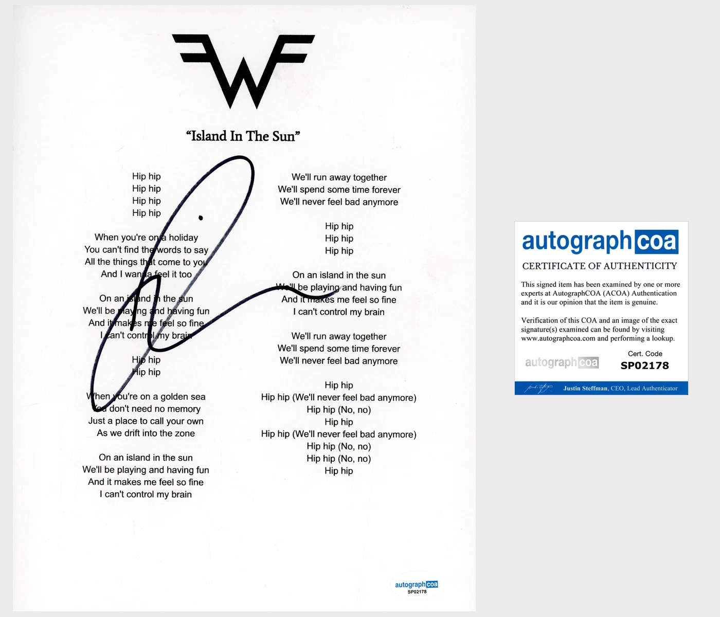Rivers Cuomo ‘Weezer’ Band Signed Lyric Sheet 'Island In The Sun' ACOA