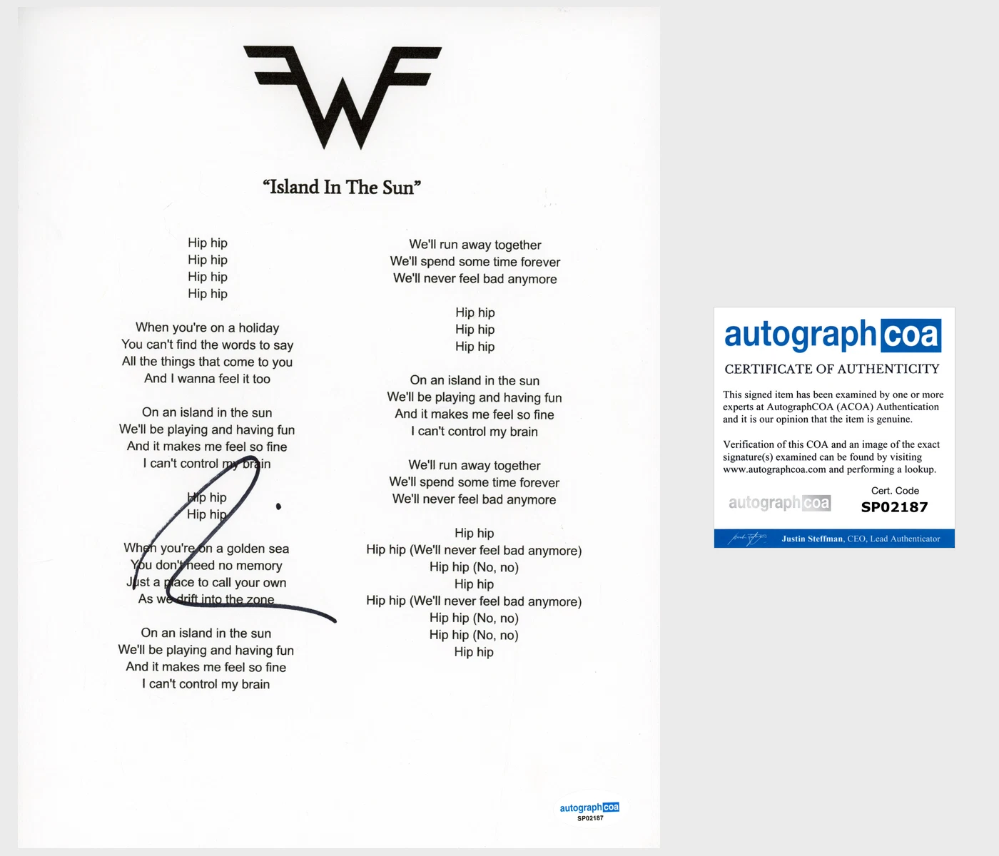 Rivers Cuomo ‘Weezer’ Band Signed Lyric Sheet 'Island In The Sun' ACOA
