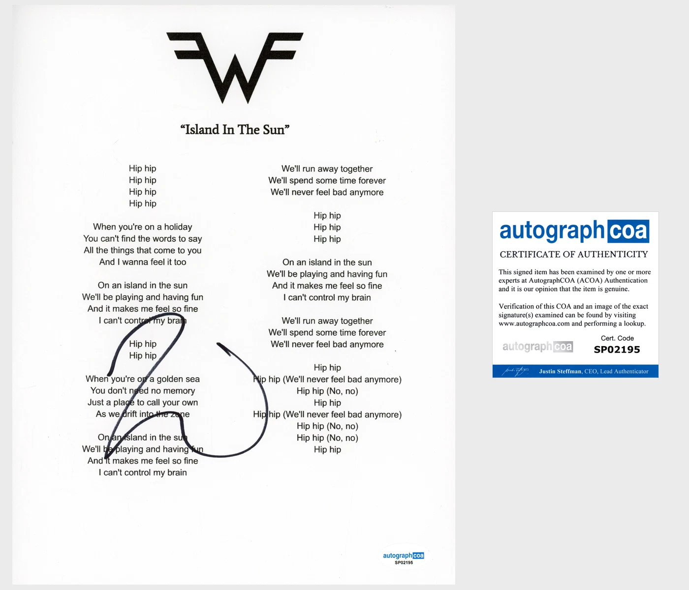 Rivers Cuomo ‘Weezer’ Band Signed Lyric Sheet 'Island In The Sun' ACOA