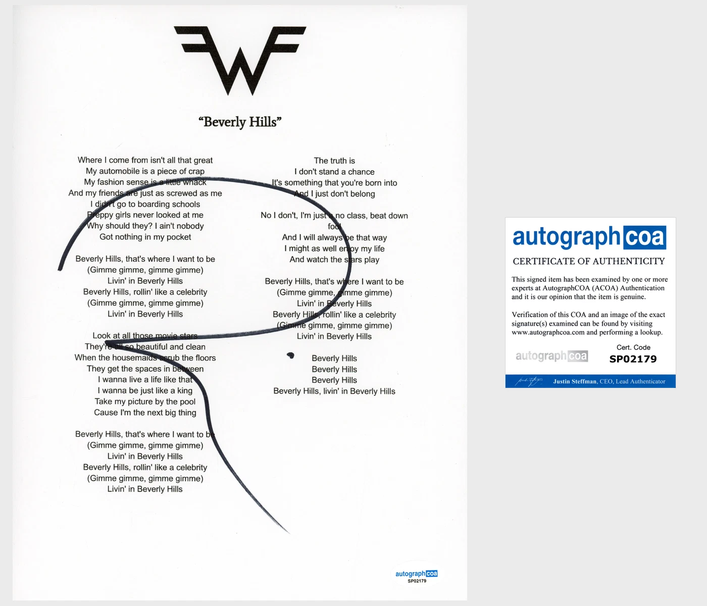 Rivers Cuomo ‘Weezer’ Band Signed Lyric Sheet 'Beverly Hills' ACOA Lead Singer