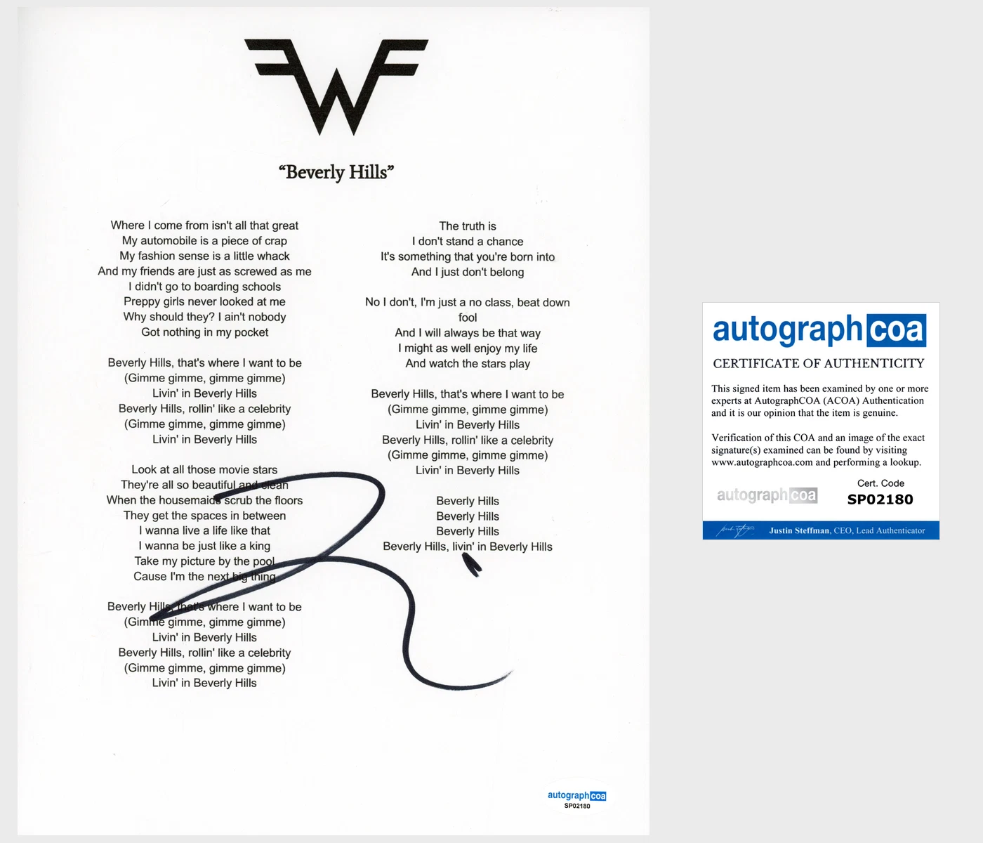 Rivers Cuomo ‘Weezer’ Band Signed Lyric Sheet 'Beverly Hills' ACOA Lead Singer