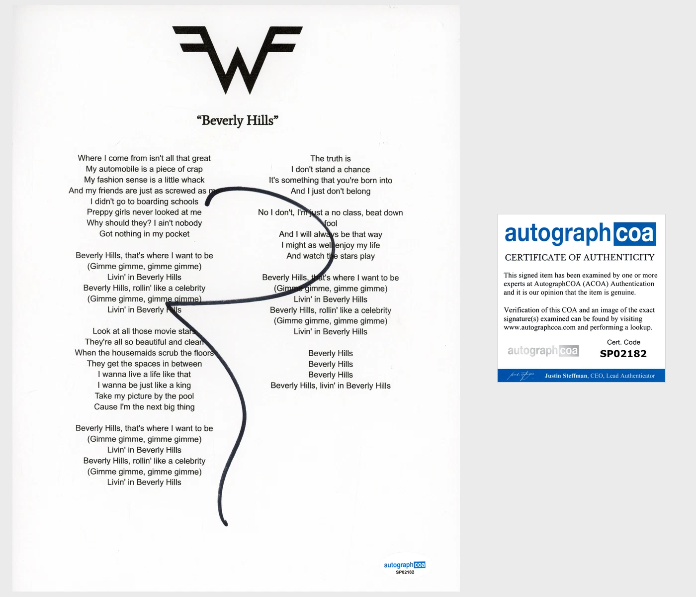 Rivers Cuomo ‘Weezer’ Band Signed Lyric Sheet 'Beverly Hills' ACOA Lead Singer