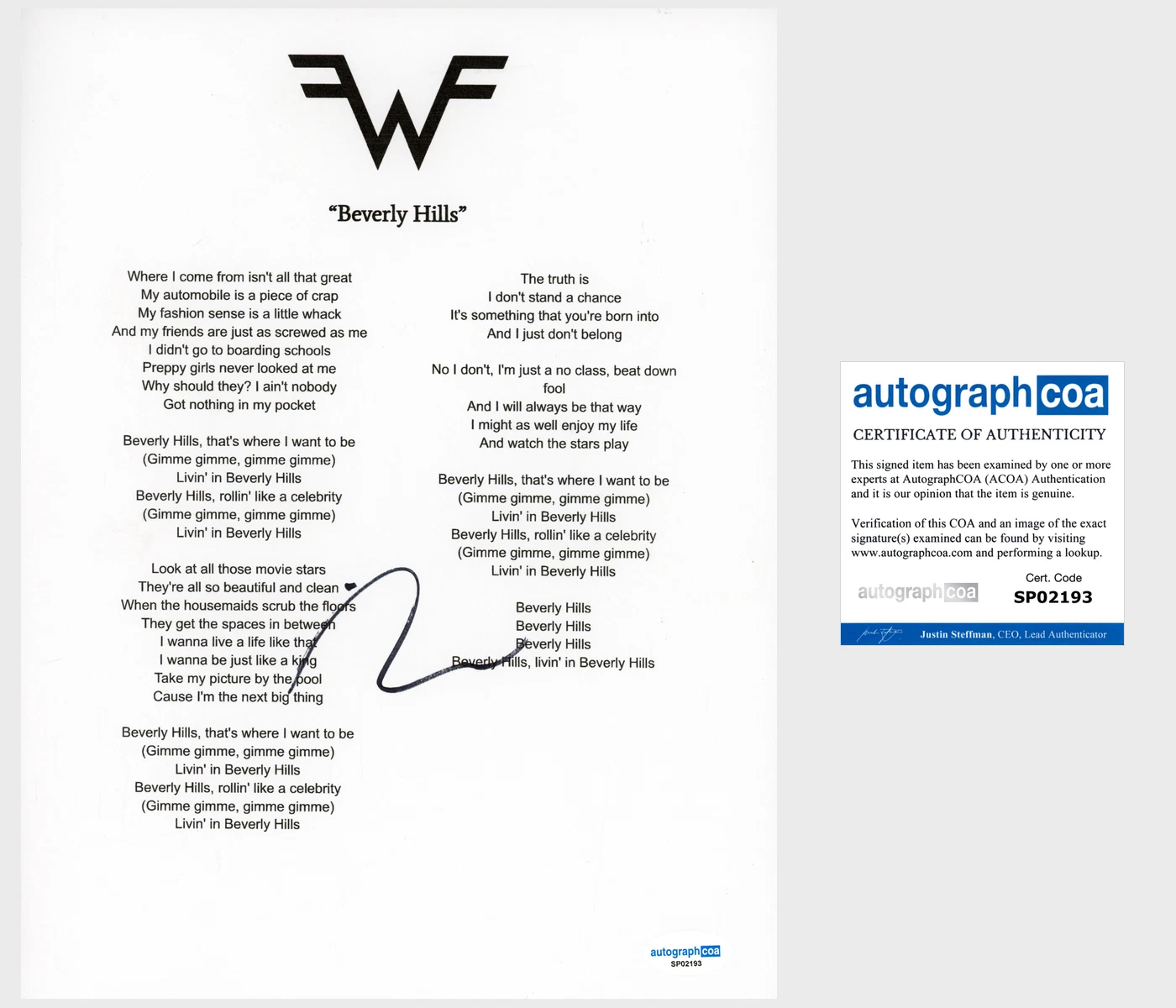 Rivers Cuomo ‘Weezer’ Band Signed Lyric Sheet 'Beverly Hills' ACOA Lead Singer