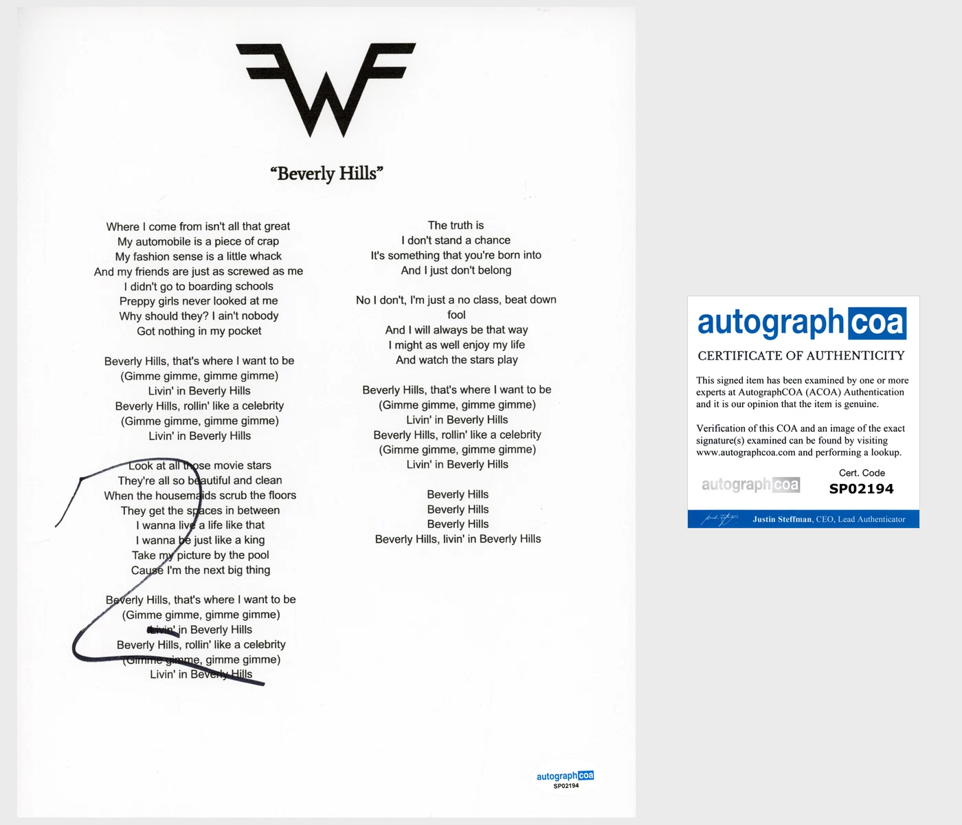 Rivers Cuomo ‘Weezer’ Band Signed Lyric Sheet 'Beverly Hills' ACOA Lead Singer