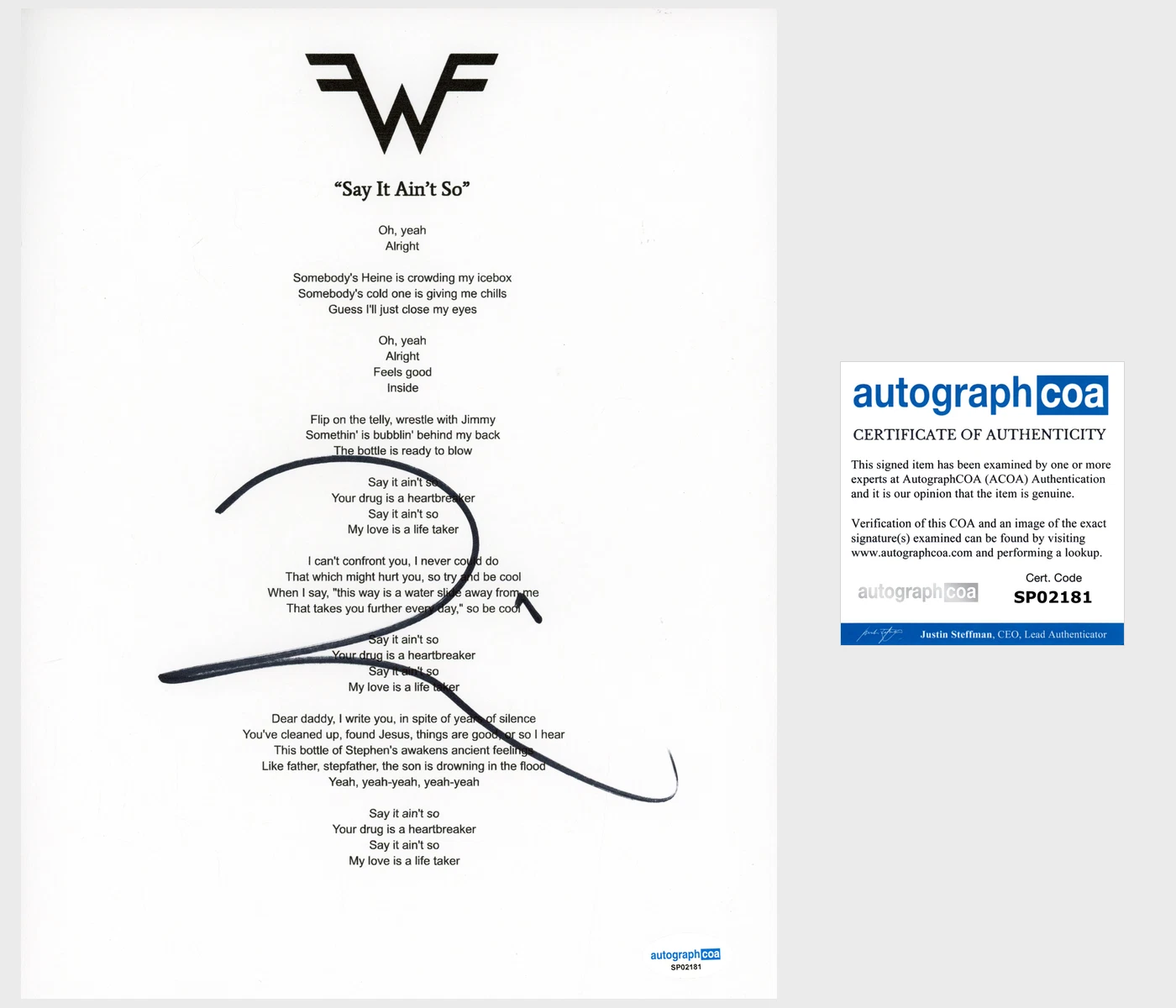 Rivers Cuomo ‘Weezer’ Band Signed Lyric Sheet 'Say It Ain't So' ACOA Lead Singer