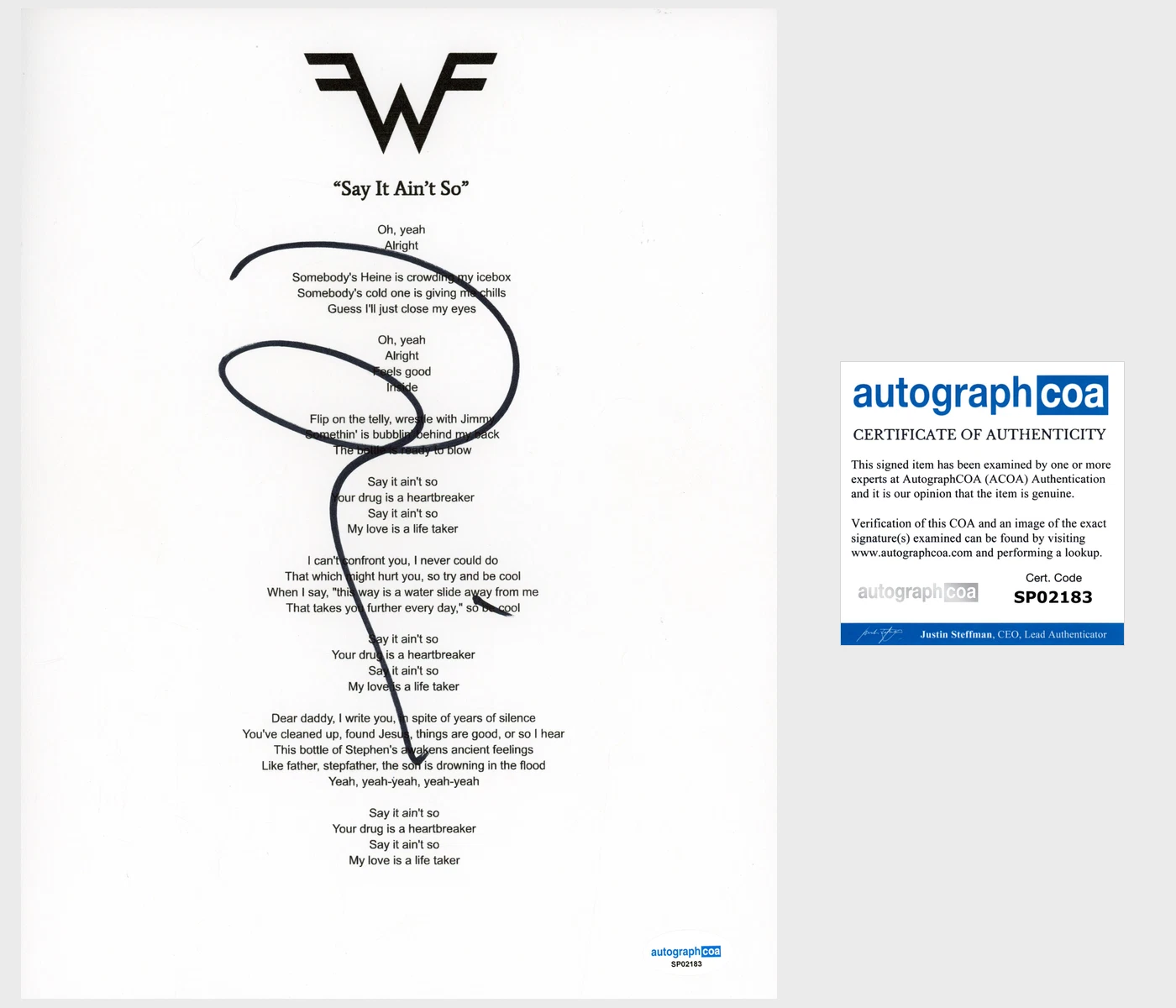 Rivers Cuomo ‘Weezer’ Band Signed Lyric Sheet 'Say It Ain't So' ACOA Lead Singer