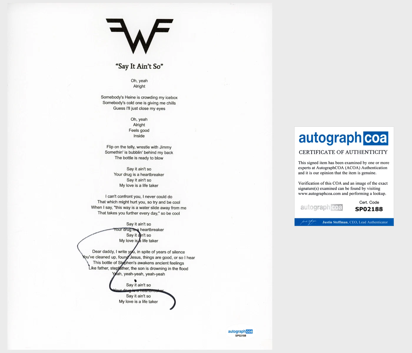 Rivers Cuomo ‘Weezer’ Band Signed Lyric Sheet 'Say It Ain't So' ACOA Lead Singer