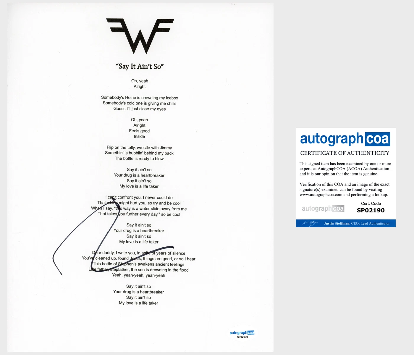 Rivers Cuomo ‘Weezer’ Band Signed Lyric Sheet 'Say It Ain't So' ACOA Lead Singer