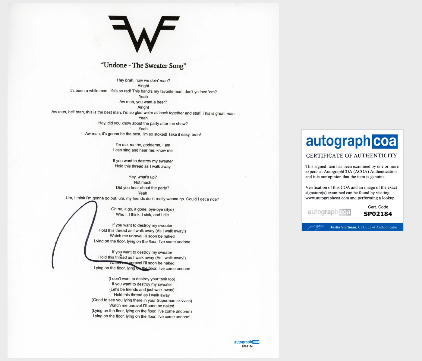 Rivers Cuomo ‘Weezer’ Signed Lyric Sheet 'Undone- Sweater Song' ACOA Lead Singer