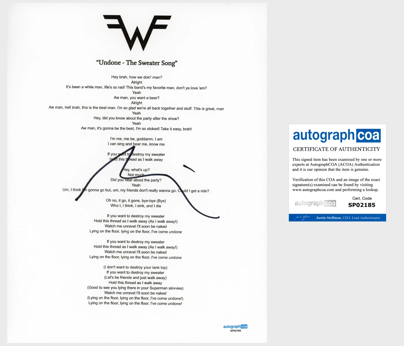 Rivers Cuomo ‘Weezer’ Signed Lyric Sheet 'Undone- Sweater Song' ACOA Lead Singer