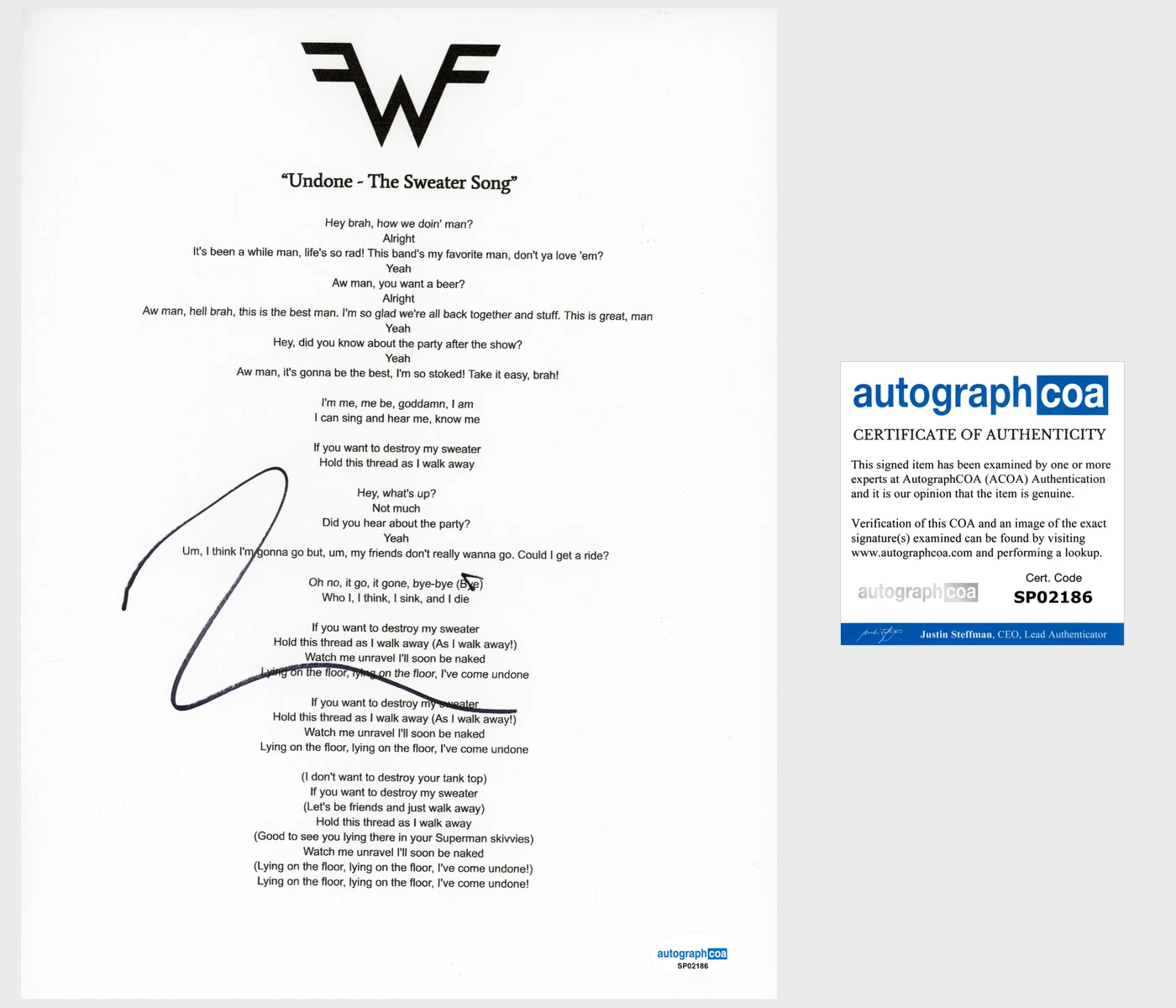 Rivers Cuomo ‘Weezer’ Signed Lyric Sheet 'Undone- Sweater Song' ACOA Lead Singer