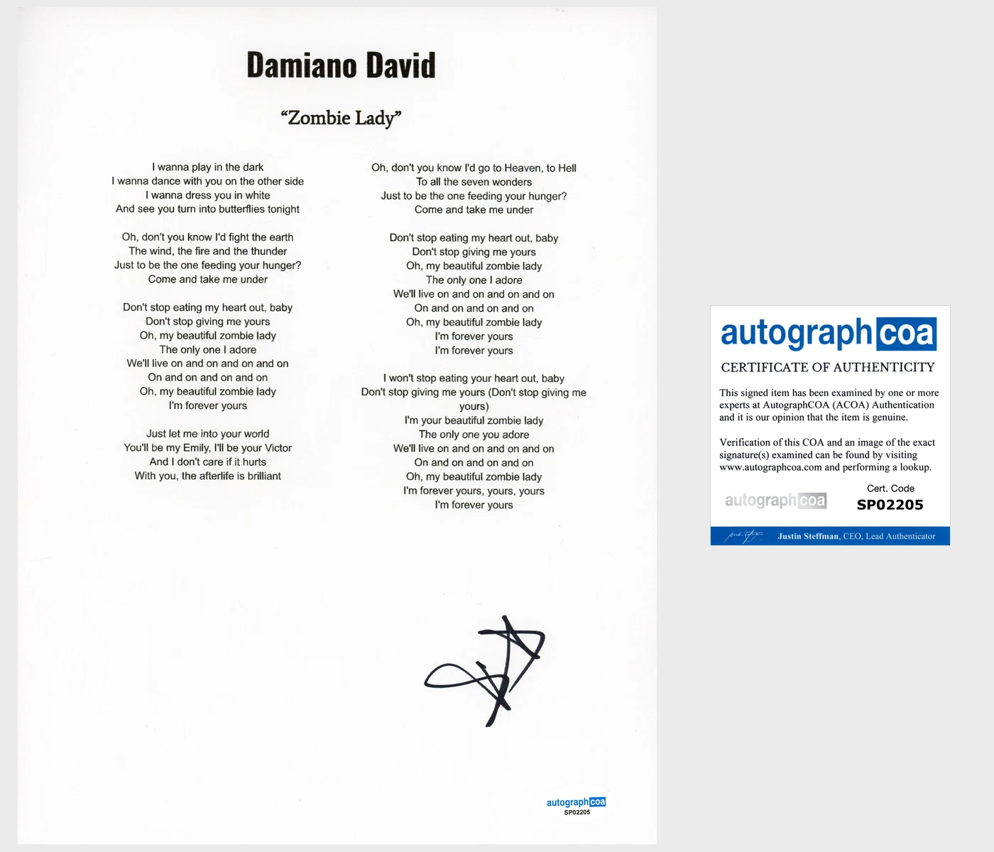 ‘DAMIANO DAVID’ SIGNED LYRIC SHEET ‘ZOMBIE LADY’ ACOA MANESKIN BAND COLLECTIBLE MEMORABILIA