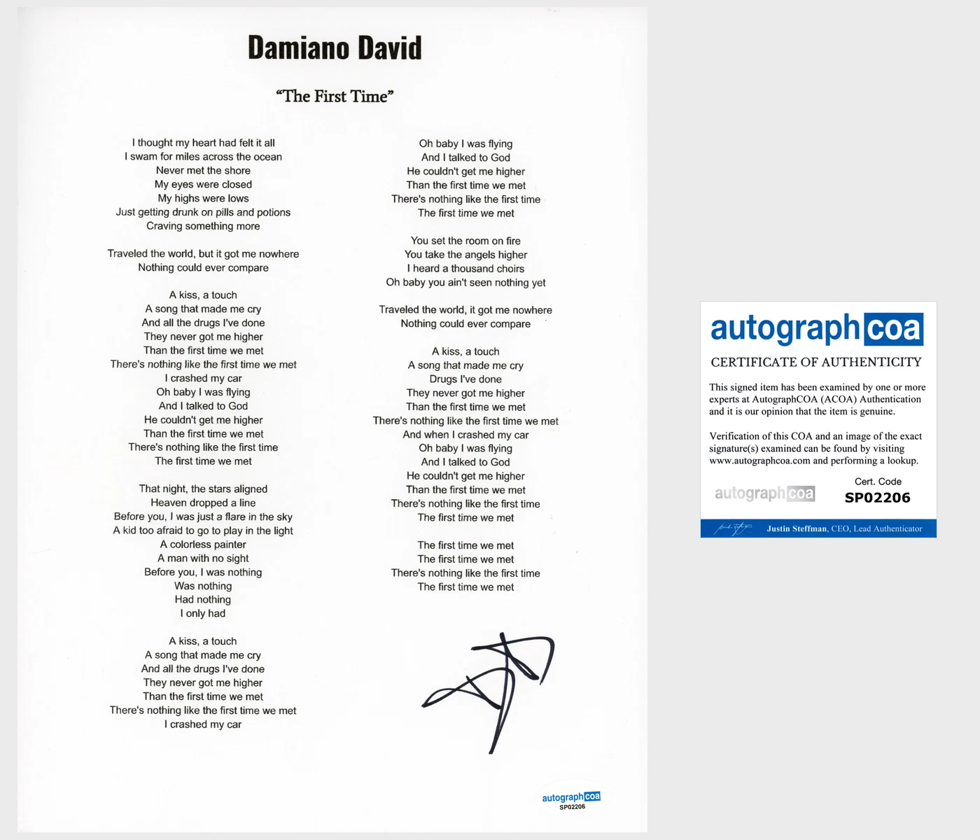 ‘DAMIANO DAVID’ SIGNED LYRIC SHEET ‘THE FIRST TIME’ ACOA MANESKIN BAND COLLECTIBLE MEMORABILIA