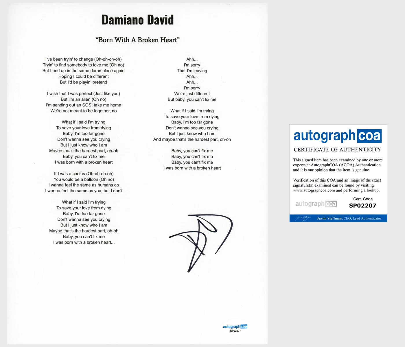 ‘DAMIANO DAVID’ SIGNED LYRIC SHEET ‘BORN WITH A BROKEN HEART’ ACOA MANESKIN BAND COLLECTIBLE MEMORABILIA