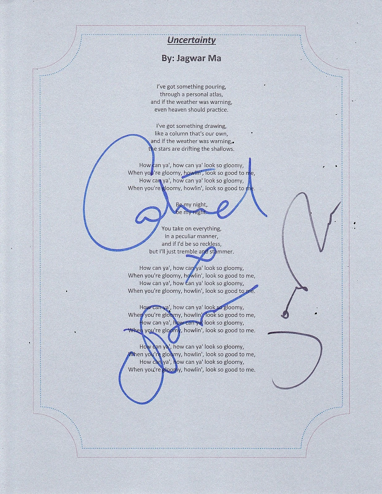 JAGWAR MA GROUP SIGNED UNCERTAINTY LYRIC SHEET