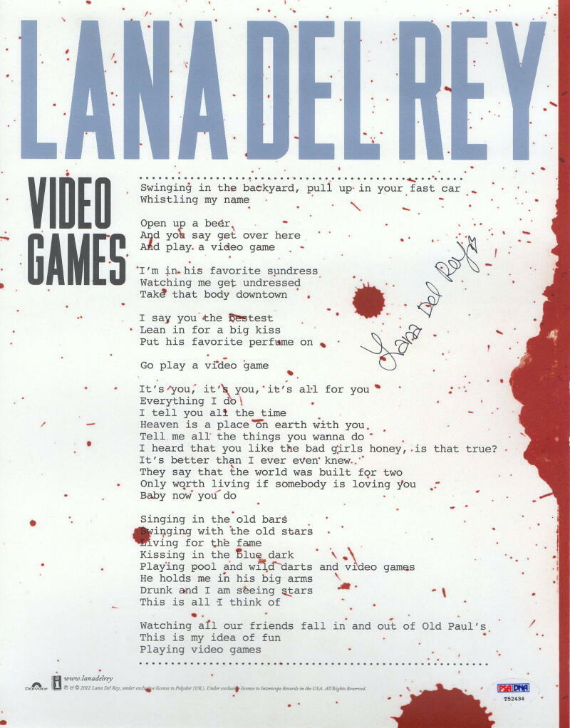 LANA DEL REY SIGNED AUTOGRAPH 11X14 VIDEO GAMES LYRIC CONCERT TOUR POSTER - PSA