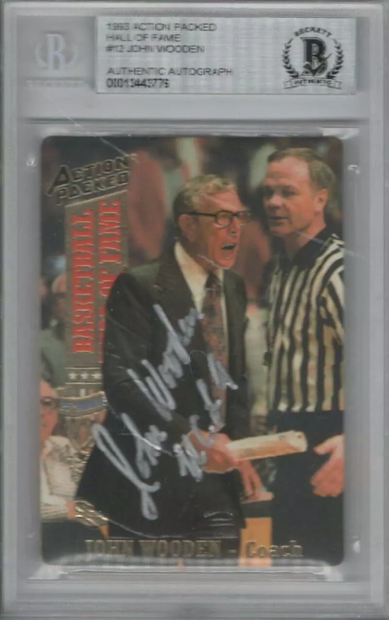 JOHN WOODEN SIGNED AUTOGRAPH BECKETT SLABBED 1993 ACTION PACKED BASKETBALL CARD