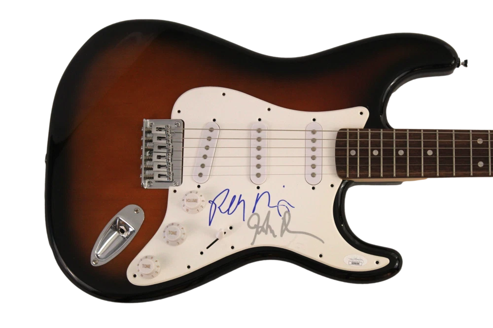 JOHN DENSMORE ROBBY KRIEGER SIGNED AUTOGRAPH FS FENDER ELECTRIC GUITAR DOORS JSA