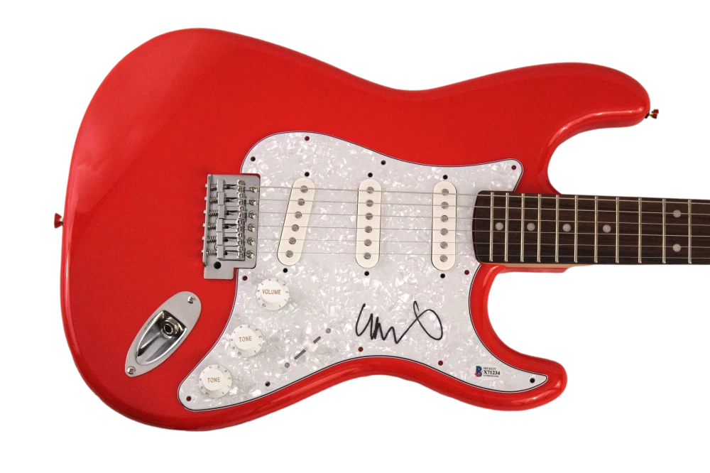 CHRIS MARTIN SIGNED AUTOGRAPH FULL SIZE RED FENDER ELECTRIC GUITAR COLDPLAY BAS