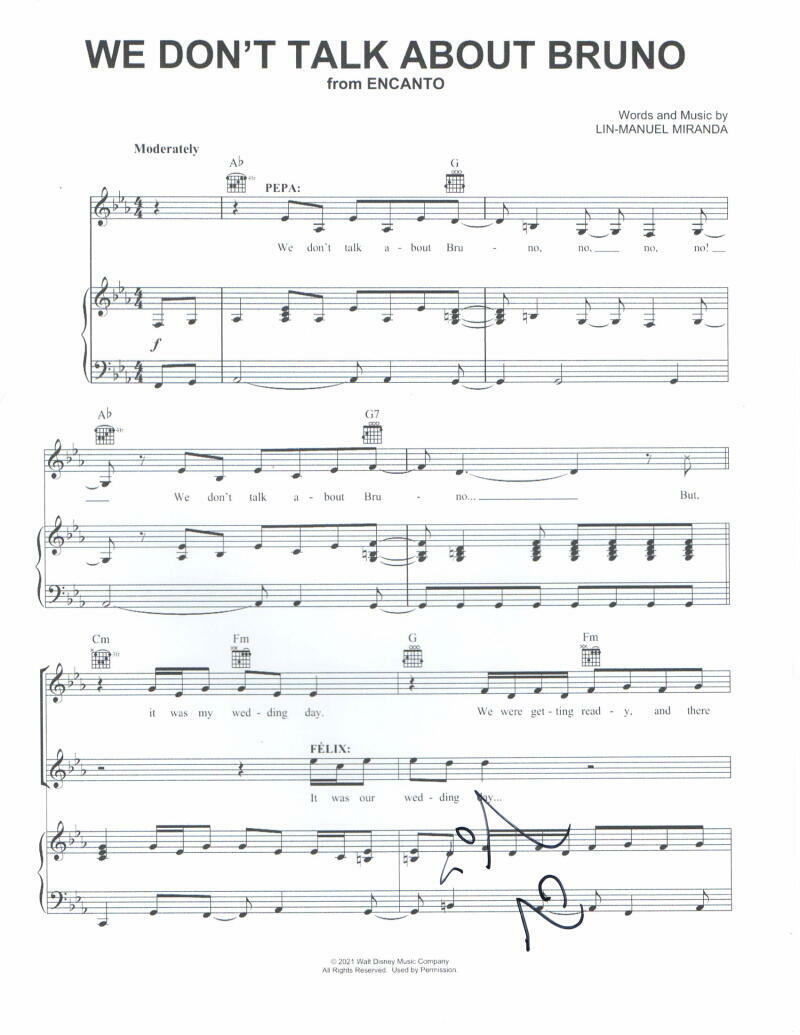 LIN MANUEL MIRANDA SIGNED AUTOGRAPH WE DON'T TALK ABOUT BRUNO SHEETMUSIC ENCANTO