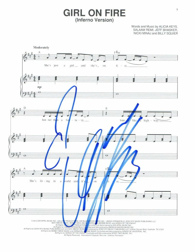 ALICIA KEYS SIGNED AUTOGRAPH GIRL ON FIRE SHEET MUSIC – AS I AM SINGER, RARE! COLLECTIBLE MEMORABILIA