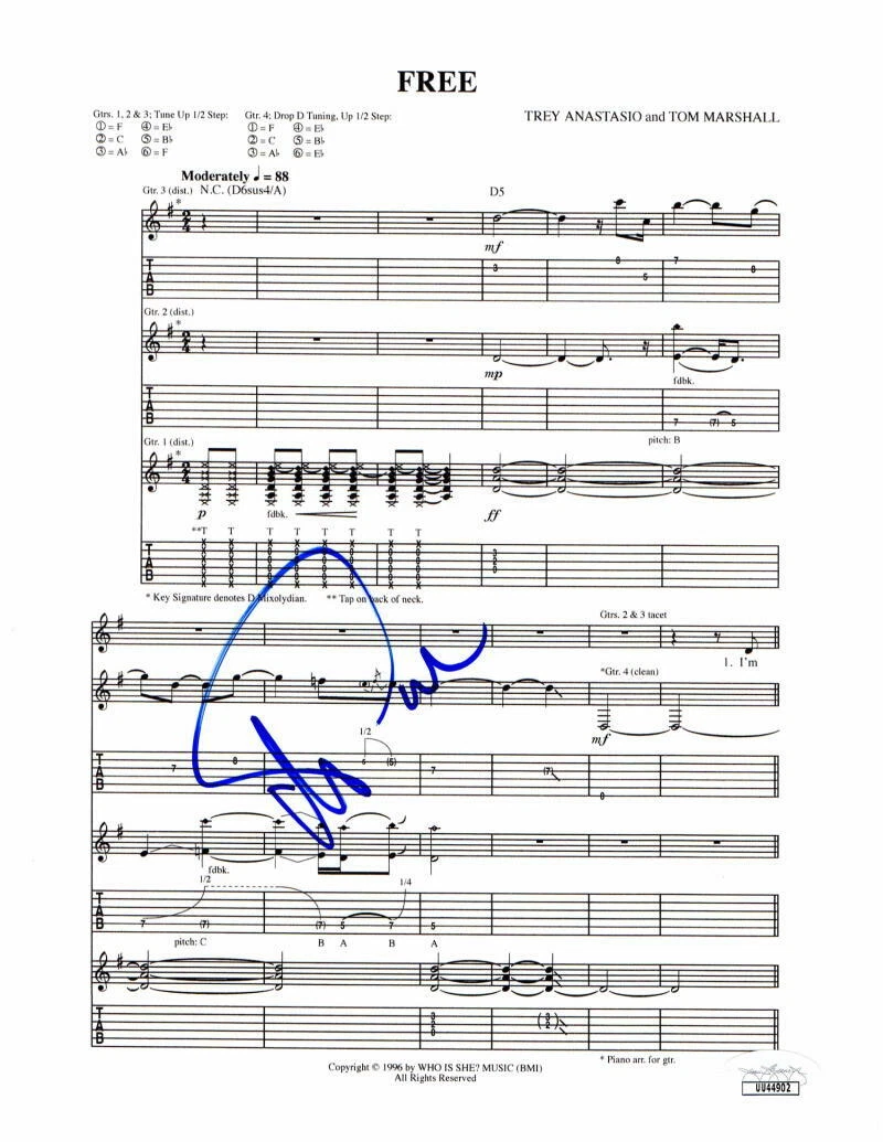 TREY ANASTASIO SIGNED AUTOGRAPH “FREE” SHEET MUSIC – PHISH BILLY BREATHES W/ JSA COLLECTIBLE MEMORABILIA