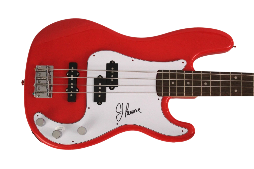 CJ RAMONE SIGNED AUTOGRAPH RED FENDER ELECTRIC BASS GUITAR - RAMONES JSA COA