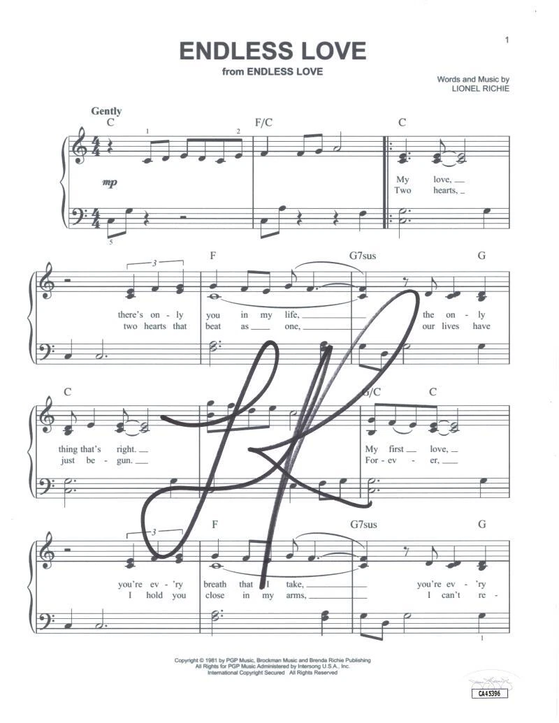 Lionel Richie Signed Autograph Endless Love Sheet Music w/ Diana Ross JSA COA