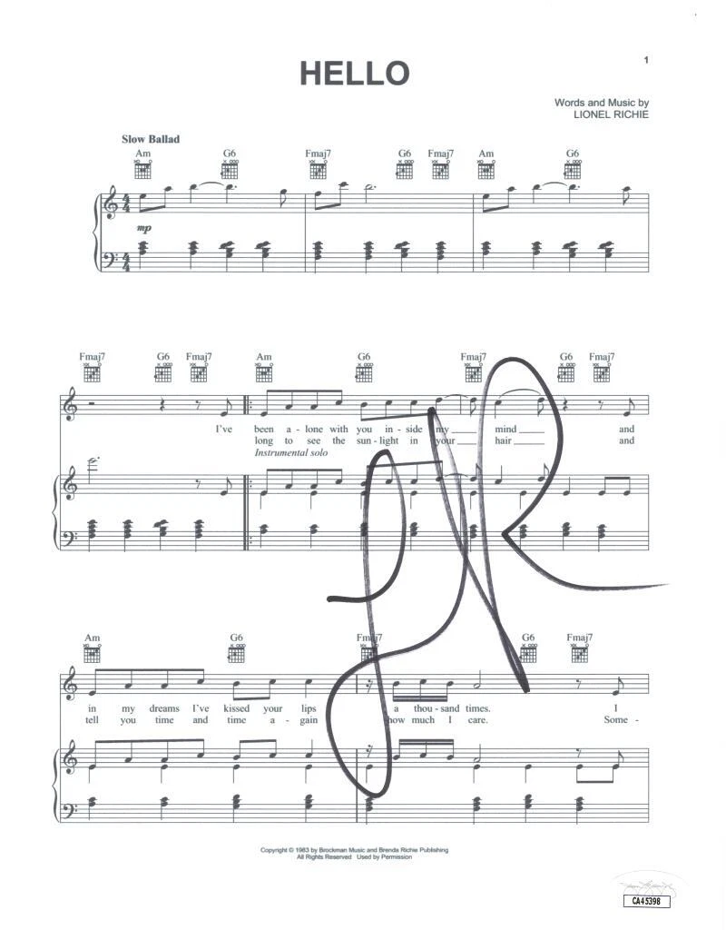 Lionel Richie Signed Autograph Hello Sheet Music - Can't Slow Down w/ JSA COA