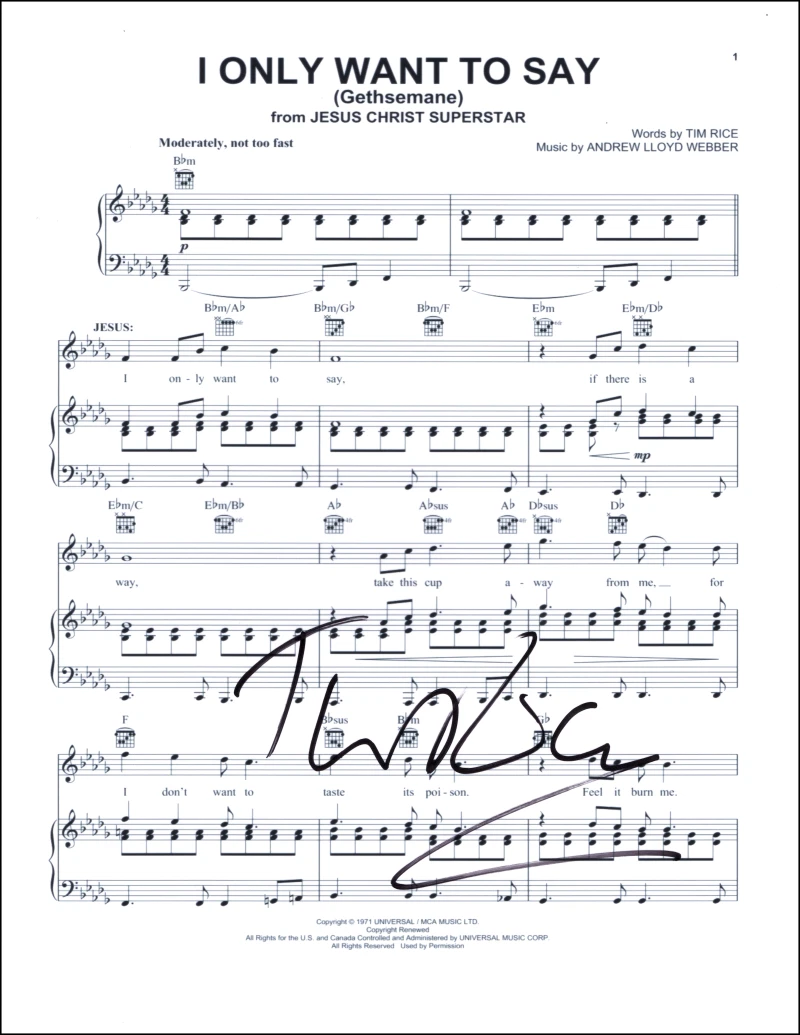 Tim Rice Signed Autograph I Only Want to Say Sheet Music Jesus Christ Superstar