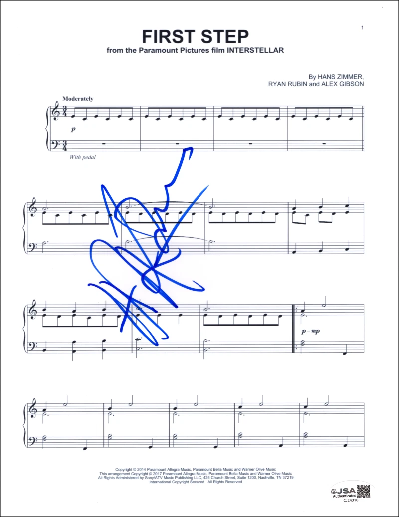 Hans Zimmer Signed Autograph First Step Sheet Music from Interstellar w/ JSA COA