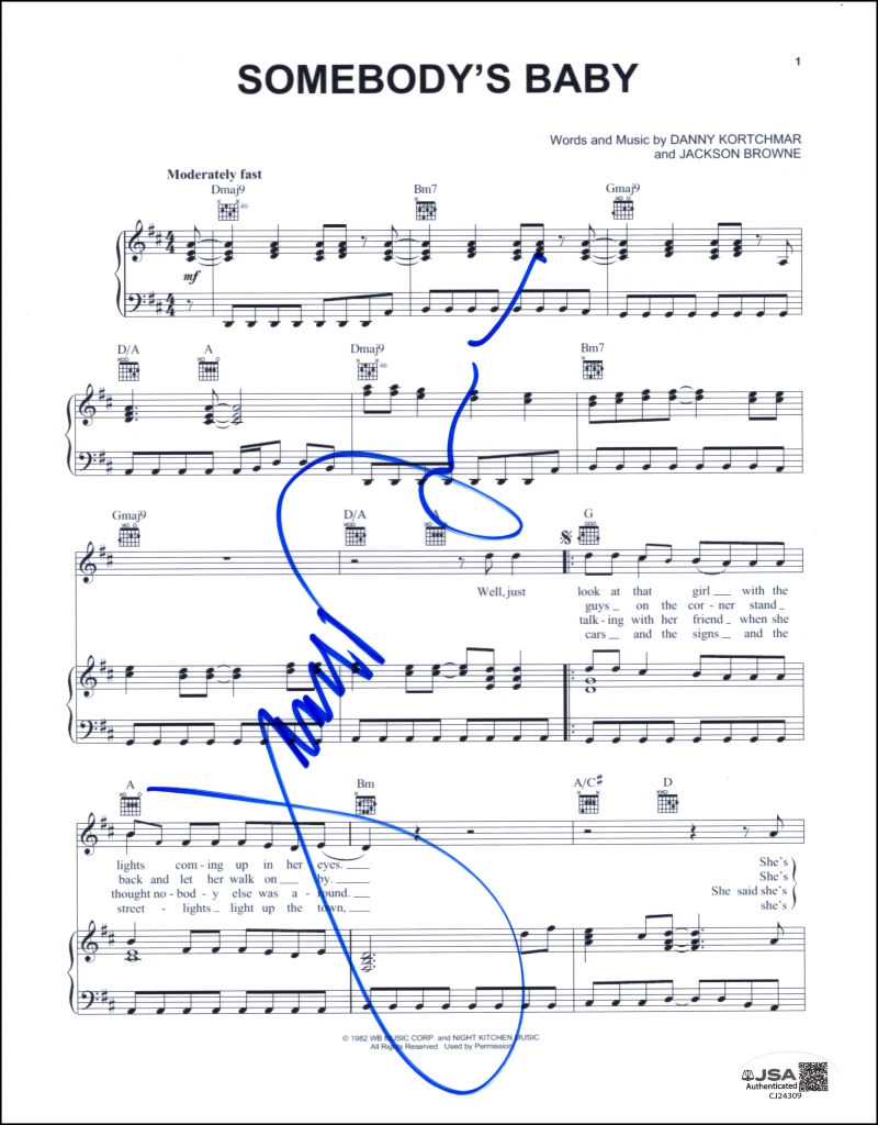 Jackson Browne Signed Autograph Somebody's Baby Sheet Music - Fast Times JSA COA