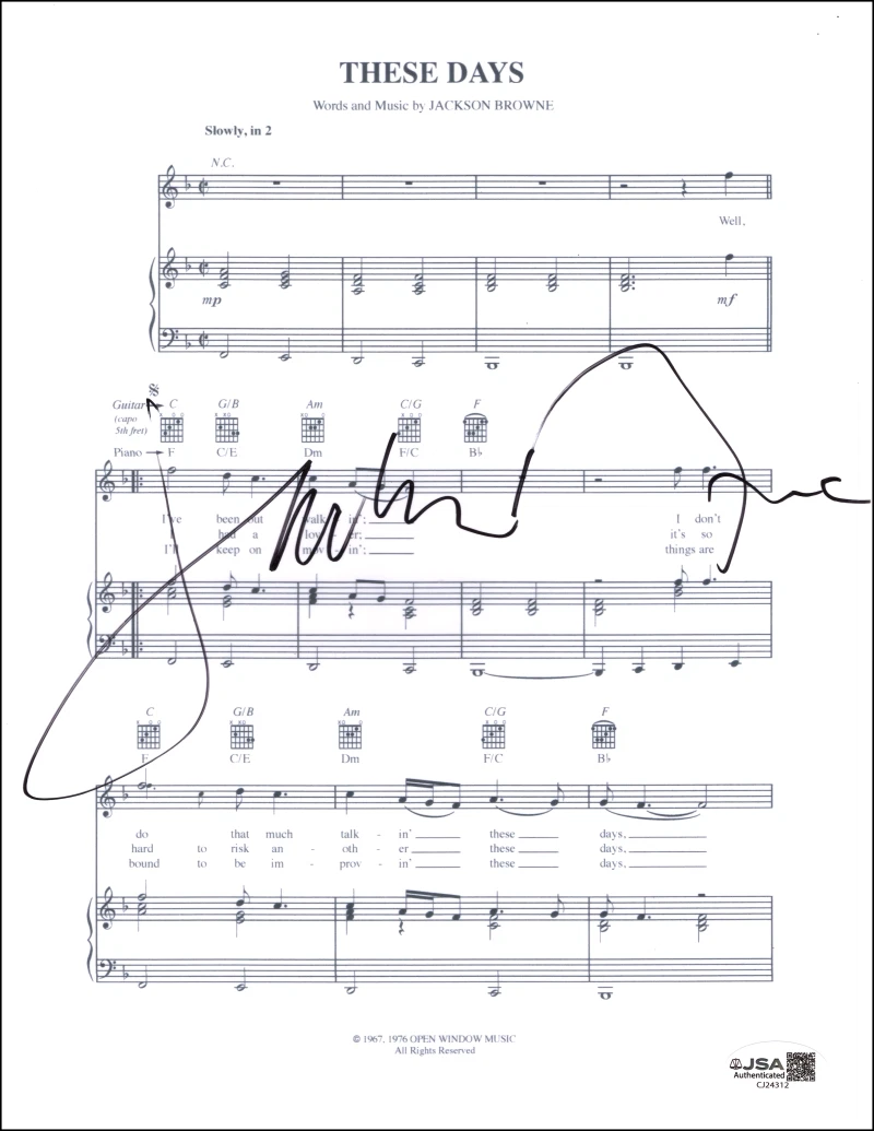 Jackson Browne Signed Autograph These Days Sheet Music - For Everyman JSA COA
