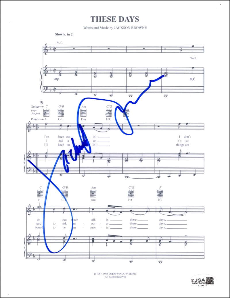 Jackson Browne Signed Autograph These Days Sheet Music For Everyman w/ JSA COA