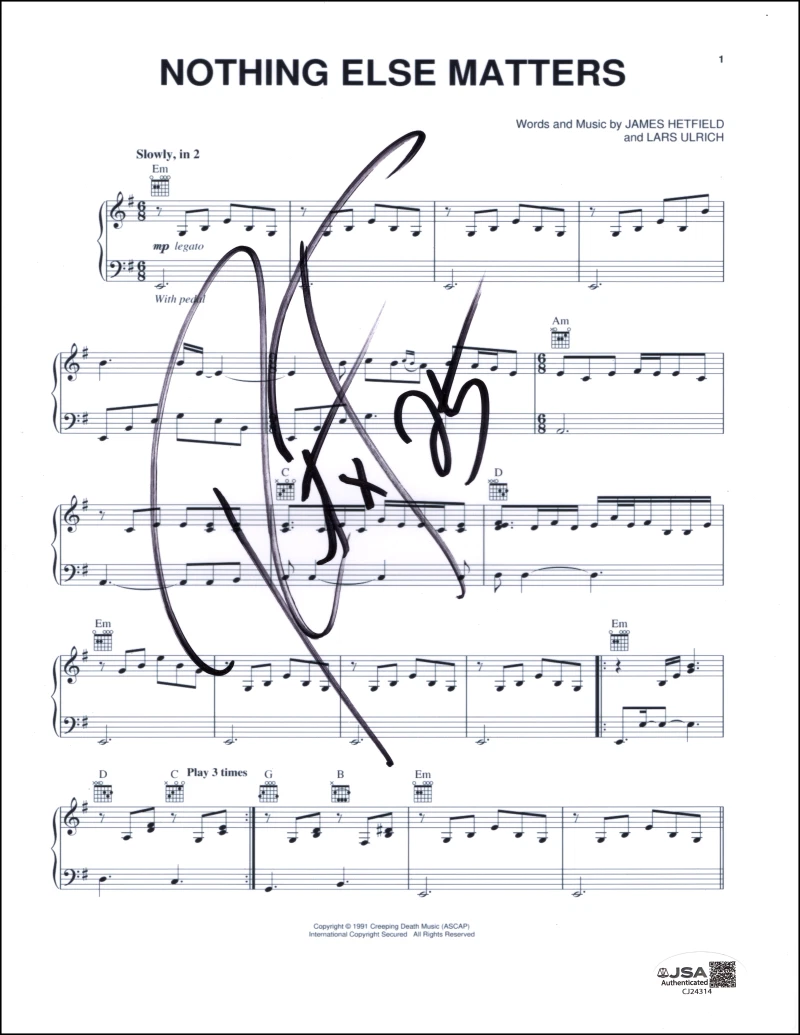Robert Trujillo Metallica Signed Autograph Nothing Else Matters Sheet Music JSA