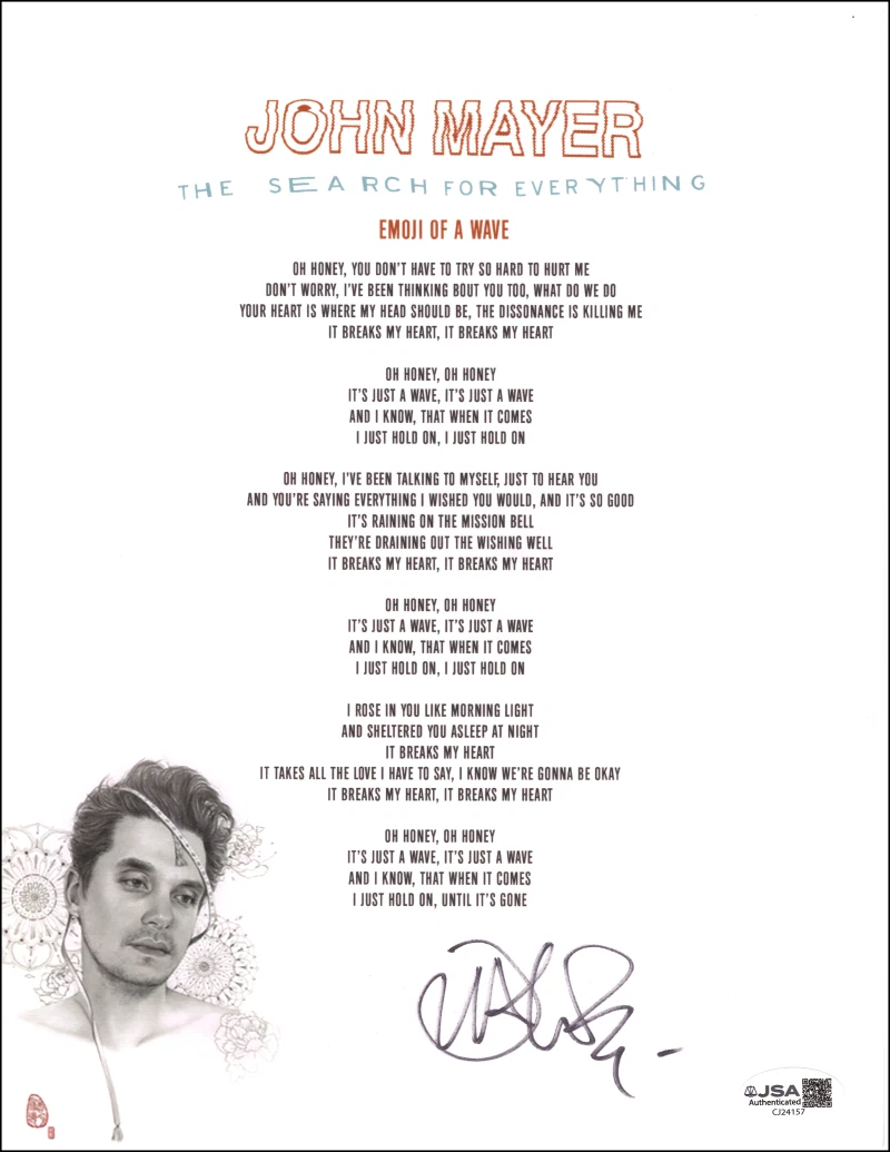 John Mayer Signed Autograph Emoji of a Wave Sheet Search for Everything JSA COA