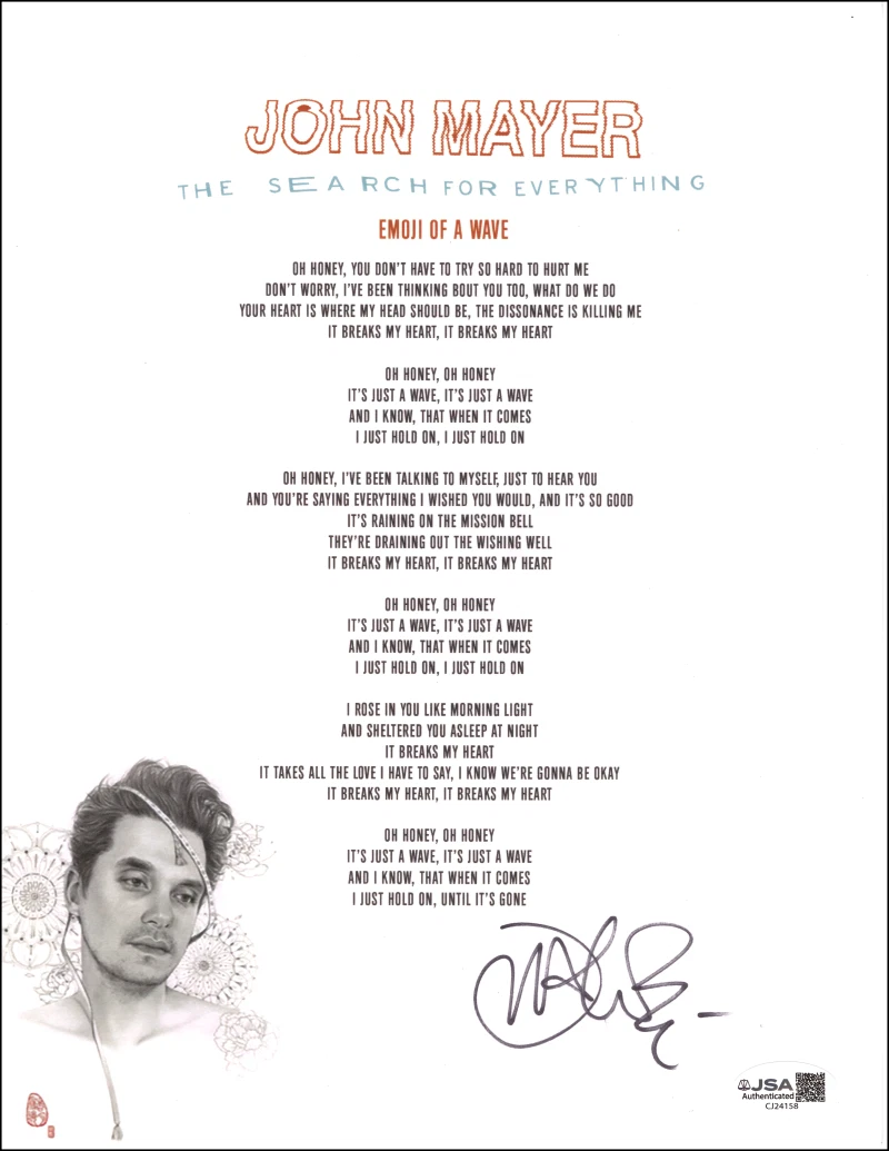 John Mayer Signed Autograph Emoji of a Wave Sheet - Search for Everything w/ JSA