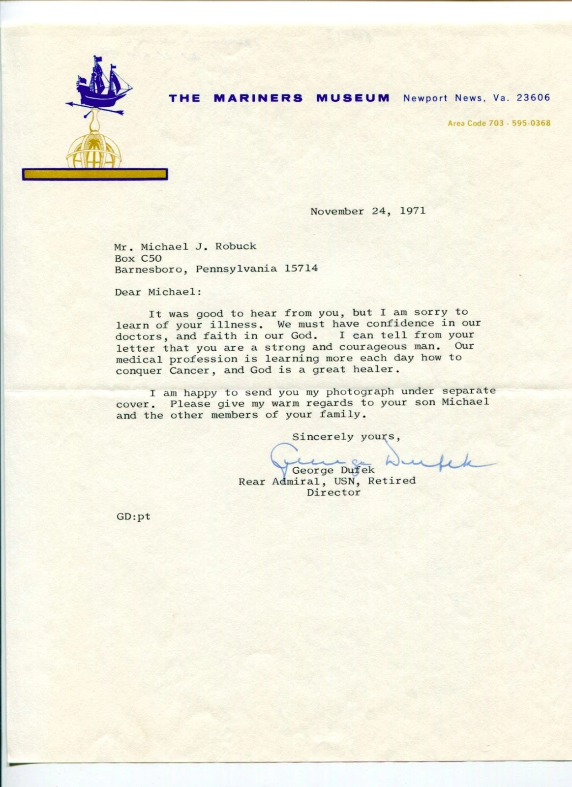 ADMIRAL GEORGE DUFEK ANTARCTIC EXPLORER RARE SIGNED AUTOGRAPH LETTER TSL COLLECTIBLE MEMORABILIA