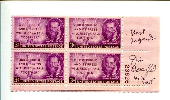Jim Hoagland Pulitzer Prize Journalist Signed Autograph Stamp Plate Block