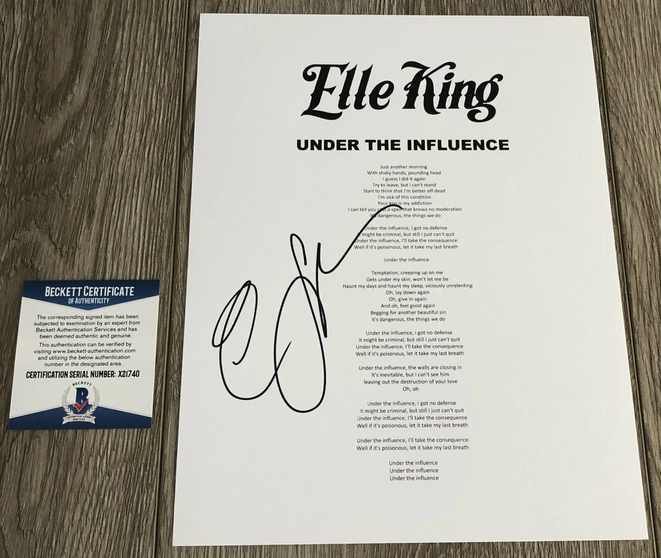 ELLE KING SIGNED AUTOGRAPH UNDER THE INFLUENCE LYRICS SHEET w/PROOF BECKETT COA