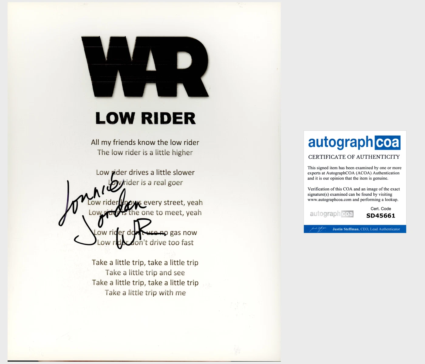 LONNIE JORDAN SIGNED WAR LOW RIDER LYRICS SHEET & AUTOGRAPH COA ACOA