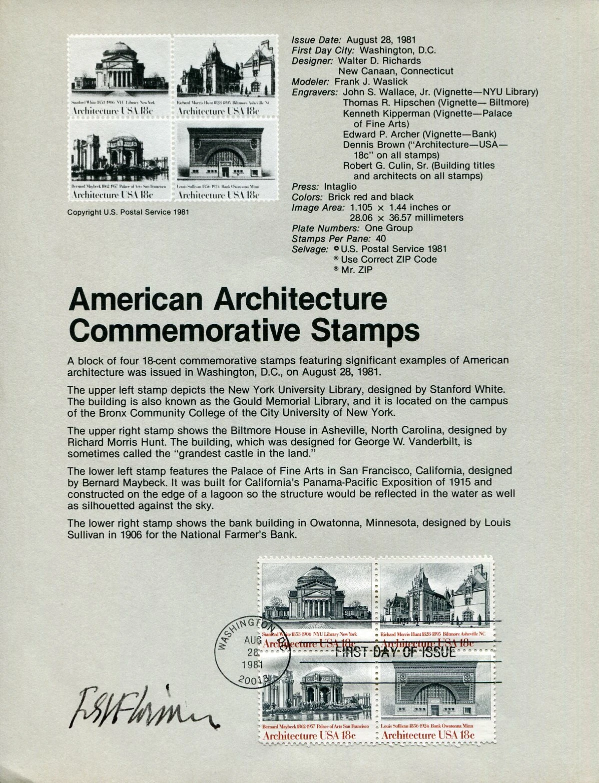 Friedrich St. Florian WWII War Memorial Architect Signed Autogra FDC Stamp Sheet