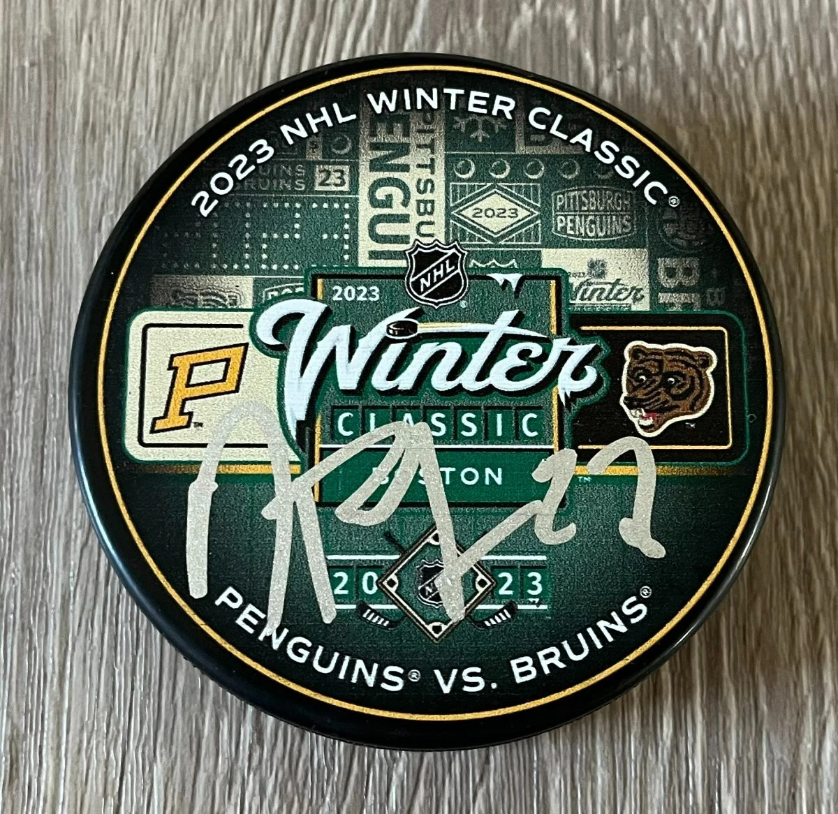 DEREK FORBORT SIGNED AUTOGRAPH BOSTON BRUINS 2023 WINTER CLASSIC PUCK w/PROOF