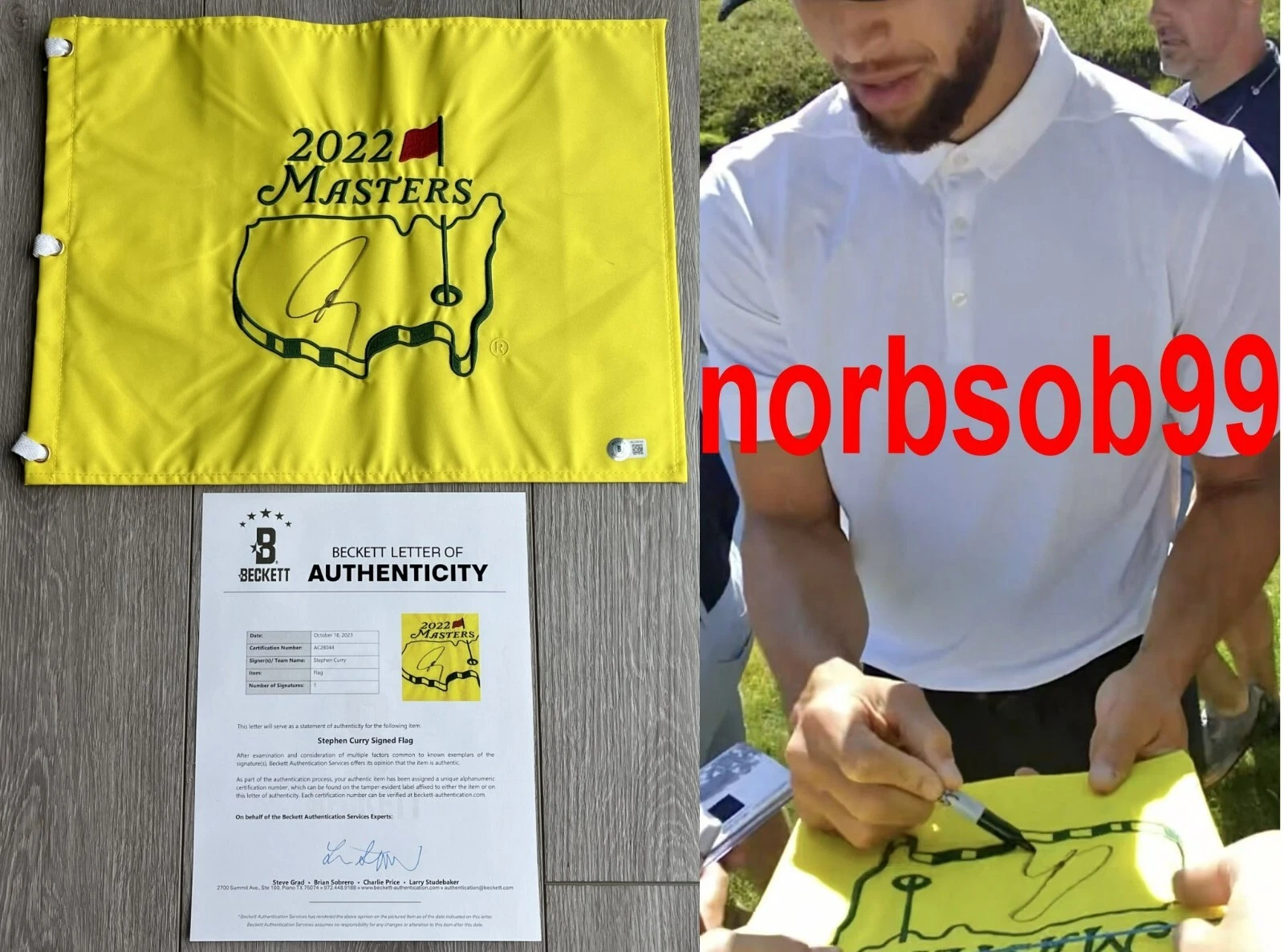 STEPHEN CURRY GS WARRIORS SIGNED MASTERS FLAG w/EXACT VIDEO PROOF & BECKETT COA