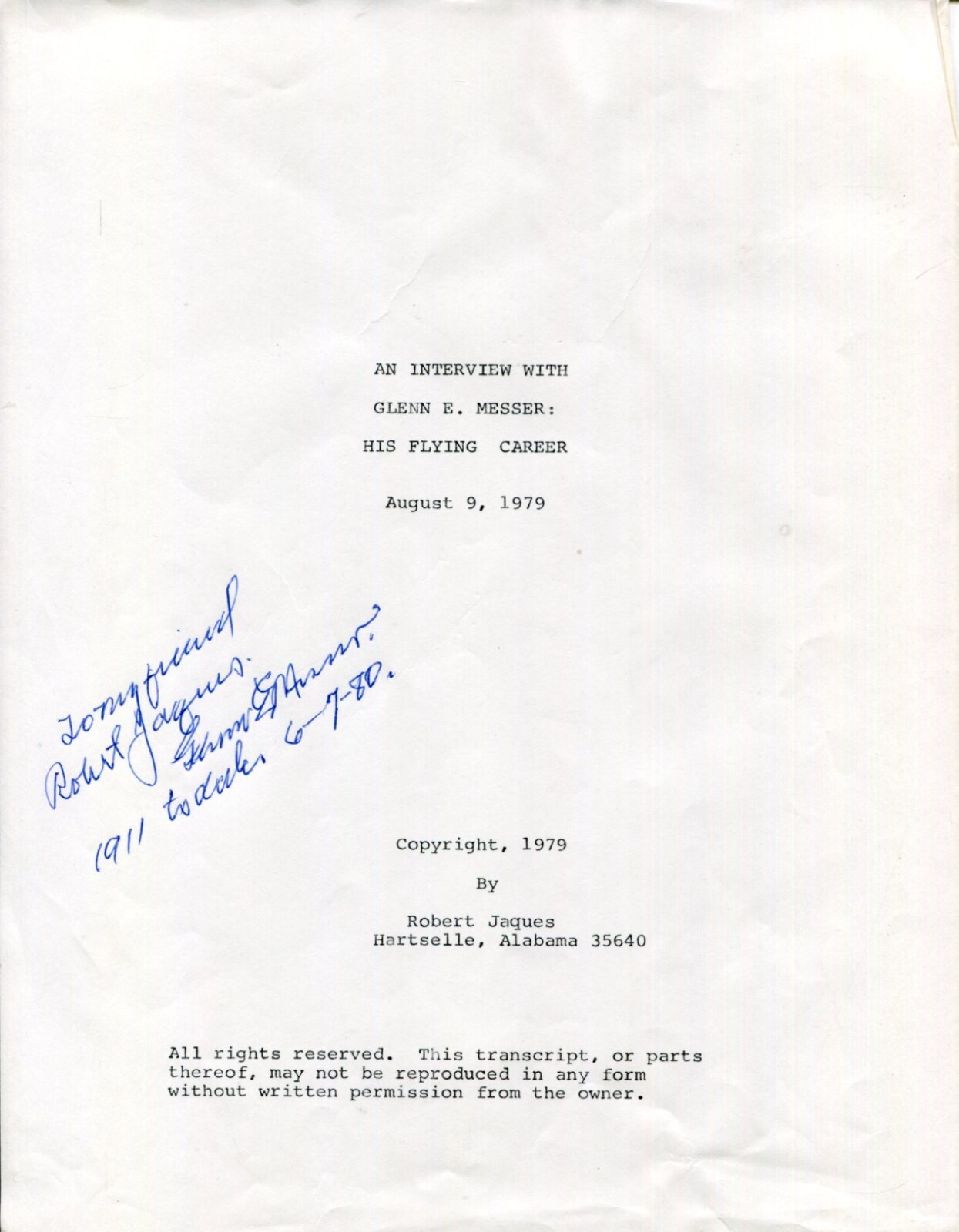 Glenn E. Messer Southern Aircraft Corporation Aviation Pioneer Signed Autograph