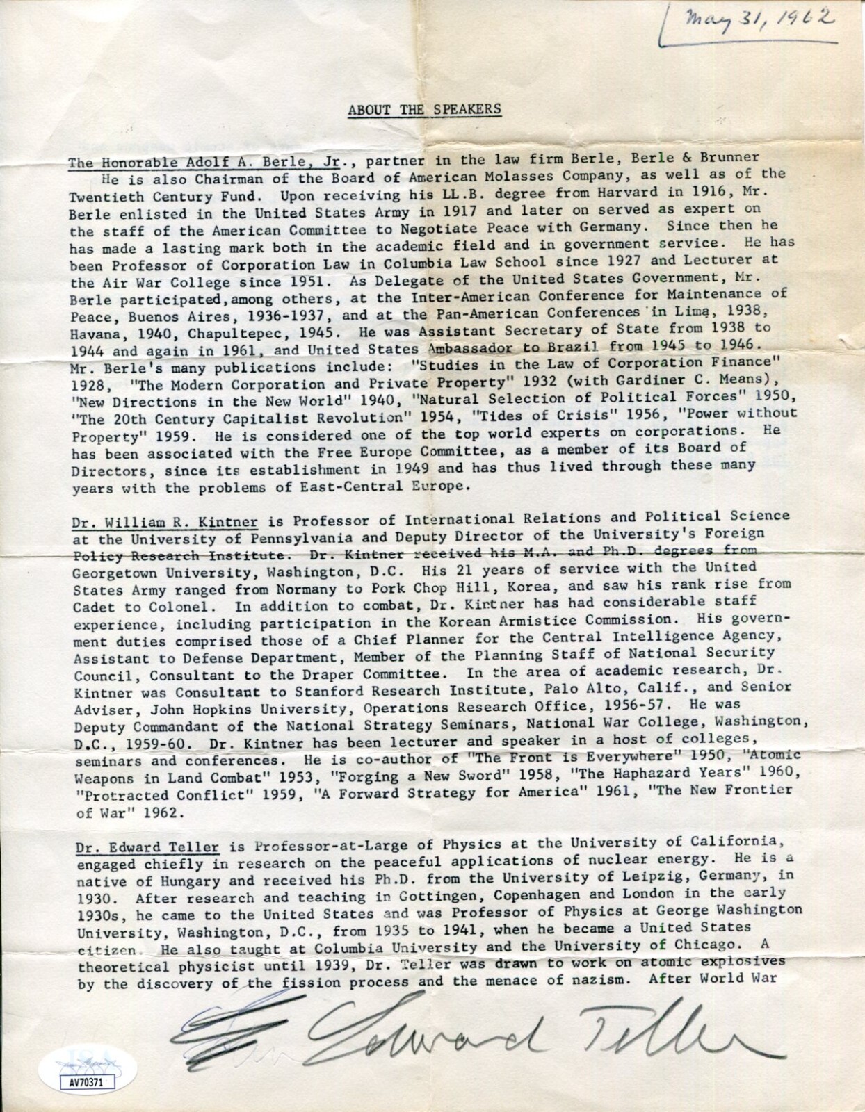 Edward Teller Father of the Hydrogen Bomb Physicist Signed Autograph Flyer JSA