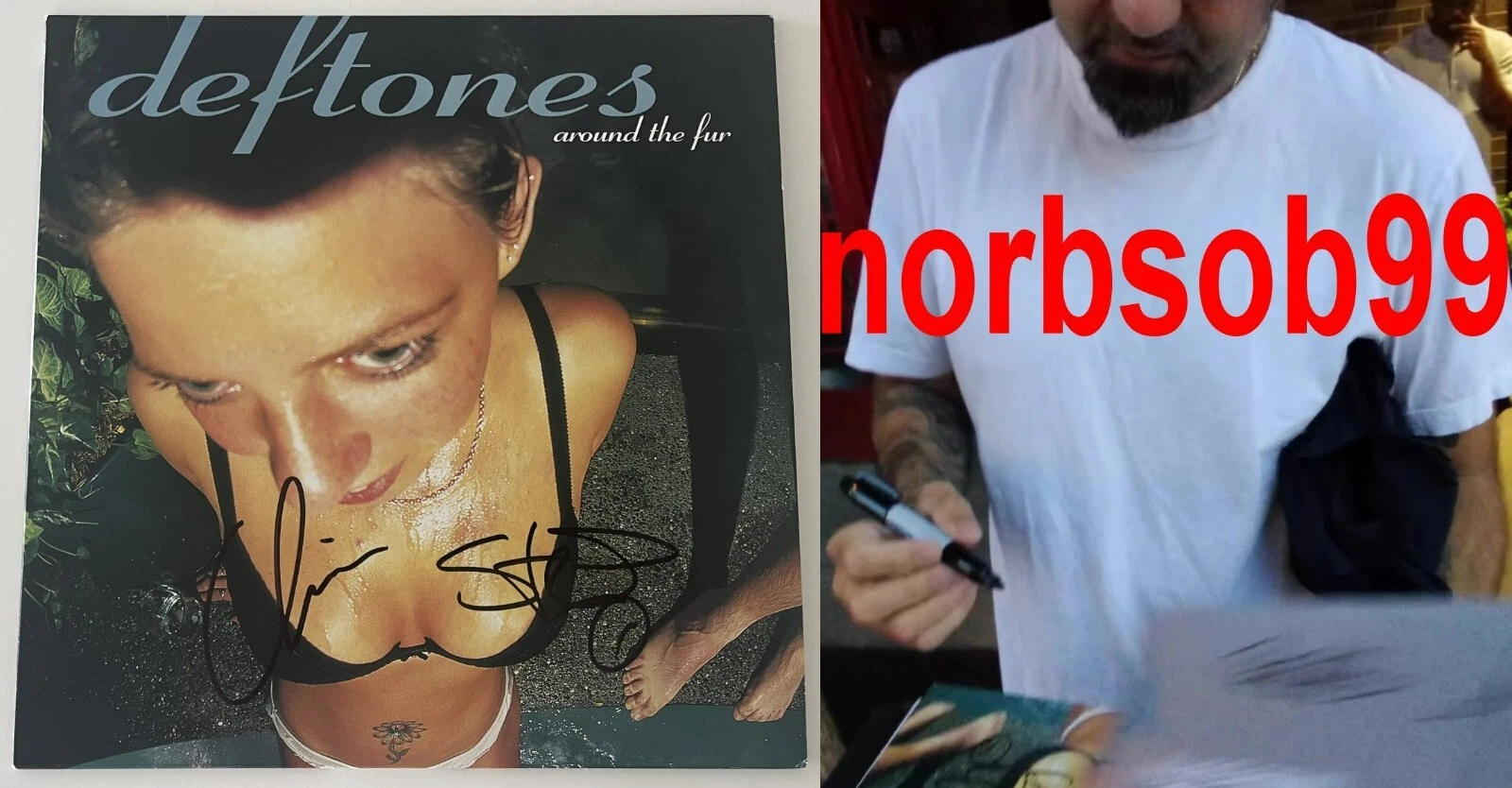 CHINO MORENO +1 SIGNED DEFTONES AROUND THE FUR VINYL w/EXACT PROOF & BECKETT COA