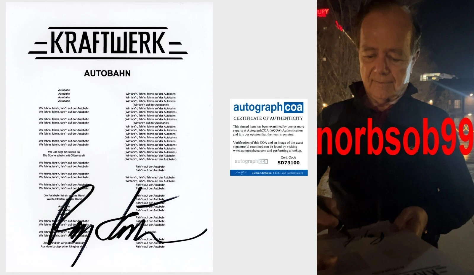 RALF HUTTER KRAFTWERK SIGNED AUTOBAHN LYRICS SHEET w/EXACT PROOF & AUTOGRAPH COA