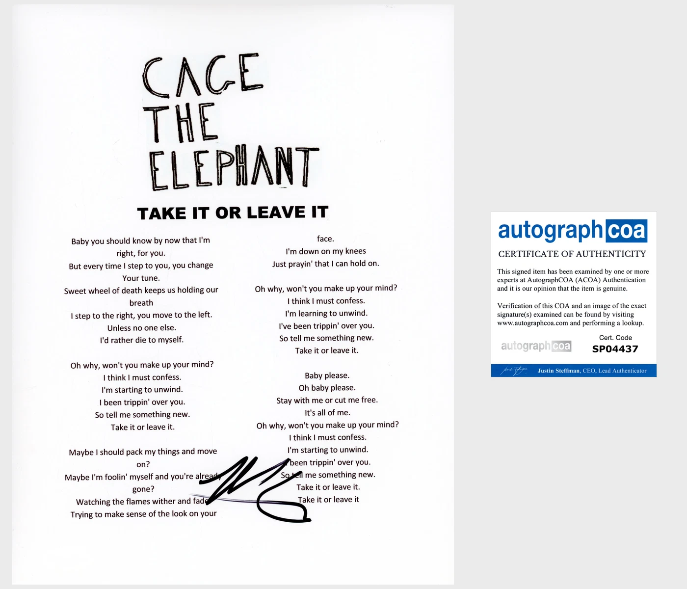 MATT SHULTZ SIGNED CAGE THE ELEPHANT TAKE IT OR LEAVE IT LYRIC SHEET w/PROOF COA